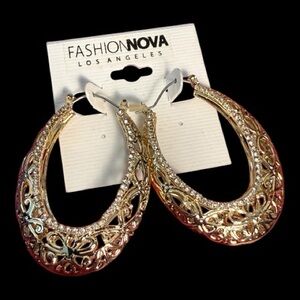 Fashion Nova Gold Filigree Teardrop Hoop Earrings